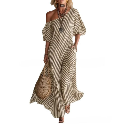 Summer new printing elegant classic striped off-the-shoulder dress m302357