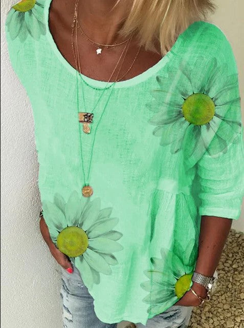 Chrysanthemum print crew neck seven-quarter sleeve T-shirt women's m300893