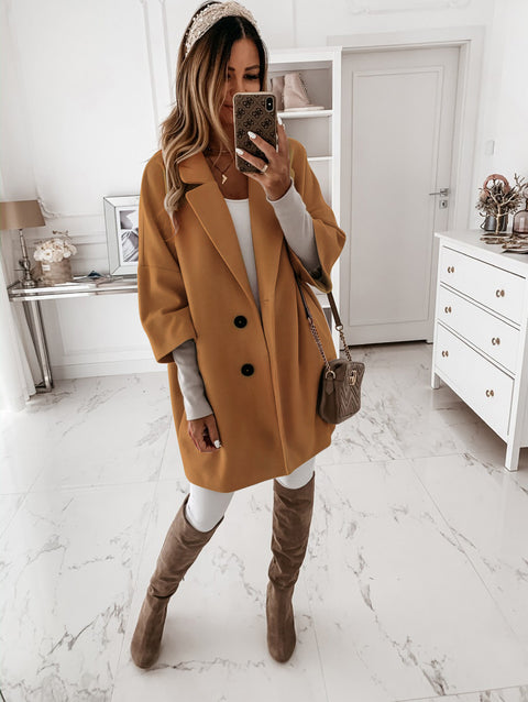 Seven-quarter sleeve button lapel pocket woolen jacket m300545