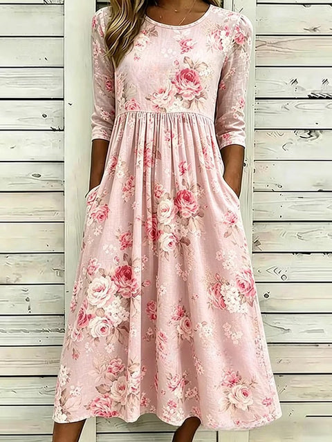3D printed floral element women's crew neck pocket dress m303029