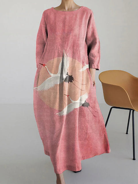 Women's loose crew neck fashion high-end long-sleeved printed dress m301049