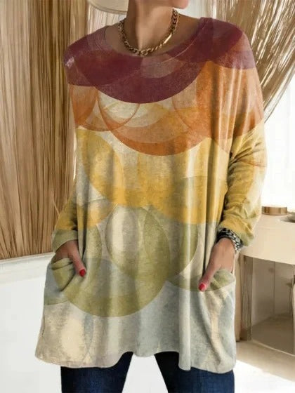 3D printed women's new medium and long pocket round neck pullover fashion T-shirt m303192
