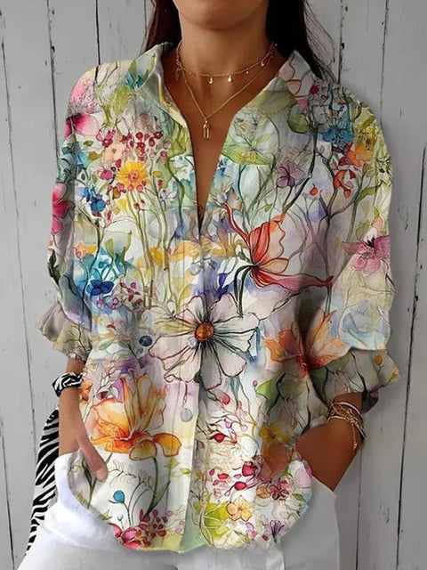 3D digital printing abstract pattern women's long-sleeved buckle linen shirt m301277