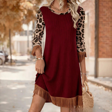 Dress creative retro print comfortable soft round neck slim fringed skirt m302220