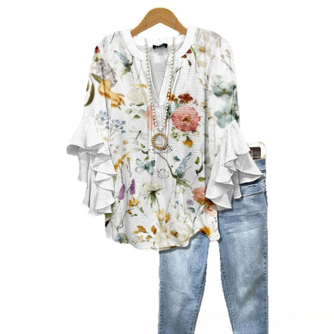 V-neck lotus edge T-shirt loose print women's T-shirt m301353