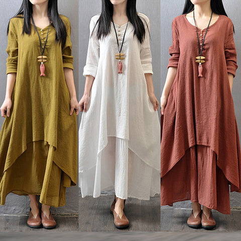 Spring and Autumn Break two-piece long dress literary pendulum linen dress loose long-sleeved cotton and linen skirt m302057