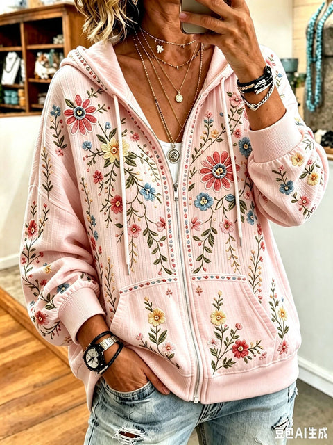Sequin floral elements 3D digital printing loose casual hooded sweater m303215
