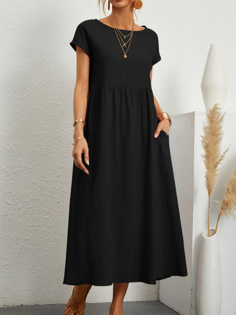 Sleeveless loose cotton and linen pocket dress m301061