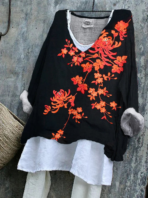 Long-sleeved printed casual pullover loose round neck single-piece T-shirt m301042