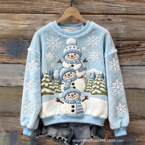 Digital printed flannel christmas ladies crew neck sweater autumn and winter m302198