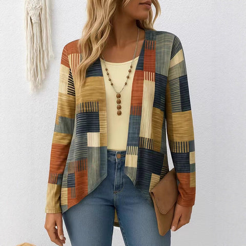 Casual Crew Neck Long Sleeve Cardigan Digital Printing Women's T-Shirt FF303113