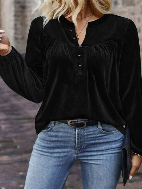 Solid color pullover V-neck casual temperament commuter button long sleeve top women m302275