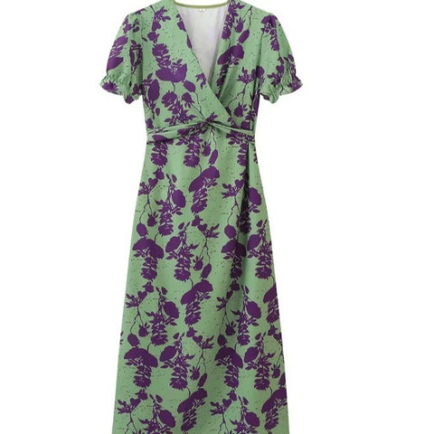 Women's fashion pleated print long dress elegant slim V-neck short-sleeved dress m301336