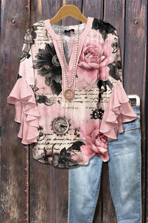 Digital printing casual trend V-neck lotus edge T-shirt women's m302725-2