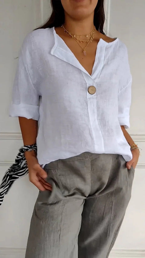 Loose T-shirt Women's V-neck cotton and linen button-up top m300385