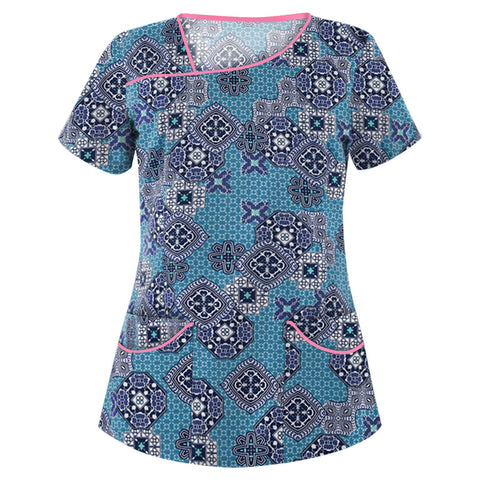 Printed V-neck short-sleeved pocket T-shirt women's top m301596