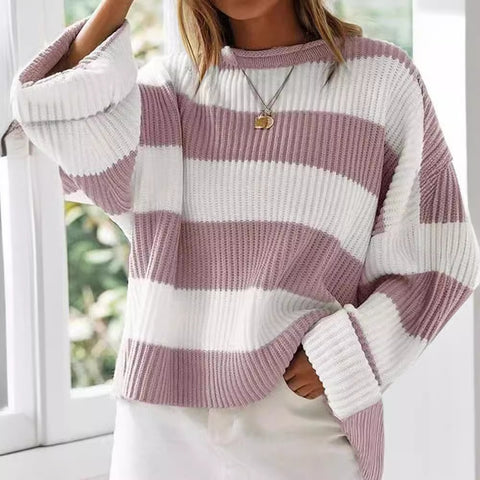 Crew neck long sleeve striped knitted sweater flared sleeve loose sweater women m301591