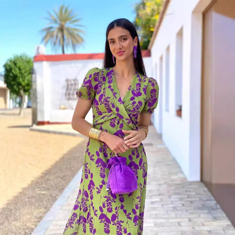 Women's fashion pleated print long dress elegant slim V-neck short-sleeved dress m301336