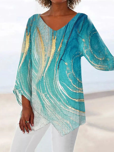 Women's printed animal natural scenery V-neck nine-quarter sleeve loose T-shirt m301289