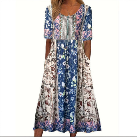 Damen Rundhals Kurzarm Langes Kleid Bohemian Kleid m302895