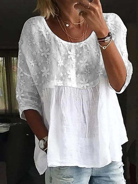 Lace splicing print white temperament medium long sleeve crew neck top m300637