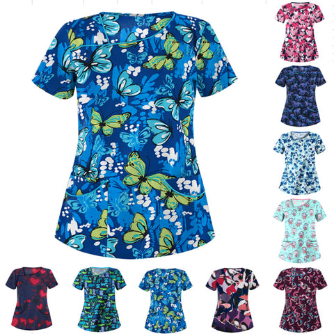 Printed V-neck short-sleeved pocket T-shirt women's top m301596