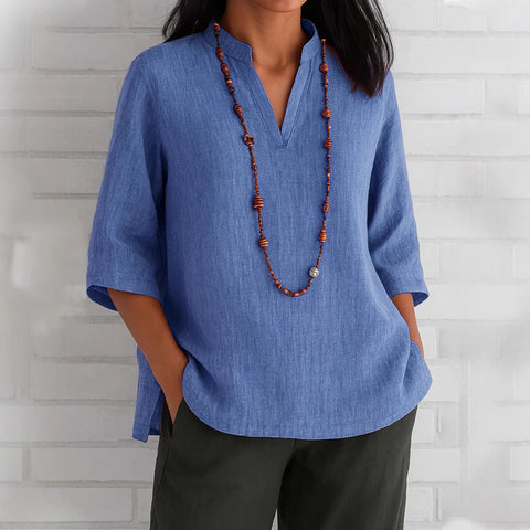 Women's V-neck seven-quarter-sleeved cotton and linen loose casual shirt m302068