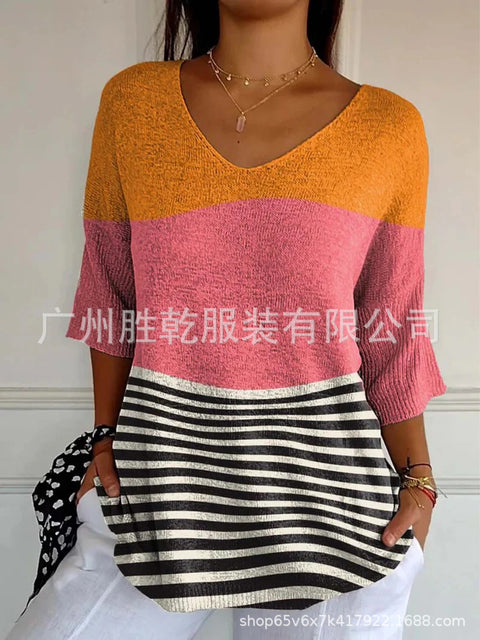 V-neck 3D printed geometric pattern five-quarter sleeve T-shirt top m302777