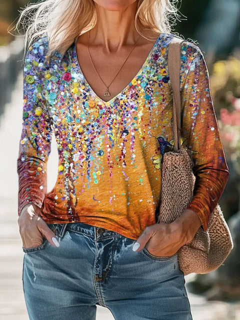 Casual V-neck long-sleeved pullover digital printing T-shirt FF303115