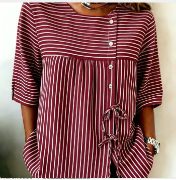 Temperament women's long-sleeved shirt printed top lace-up shirt m302925