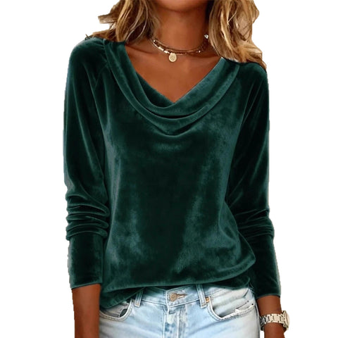 Fashion women's clothing new solid color swinging collar long-sleeved sexy velvet T-shirt m302189