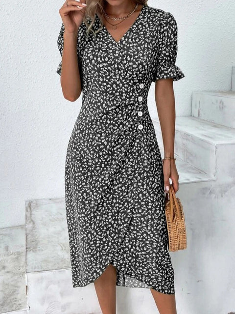 Geometric collage bubble sleeves irregular hem dress m301272