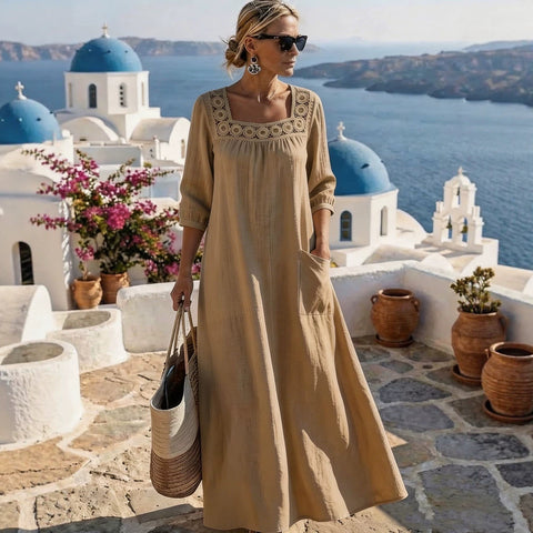Casual square collar 7-point sleeve washed cotton solid color women's dress m303165