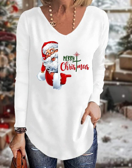 Loose 3D V-neck long-sleeved T-shirt women's Christmas printed bottoming shirt m302098