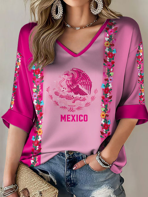 Down shoulder V-neck seven-quarter sleeve 3D printed women's top T-shirt m302844