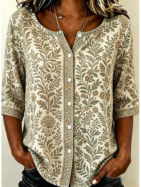 Women's Top Printed Casual Short Sleeve Collarless Shirt m303047