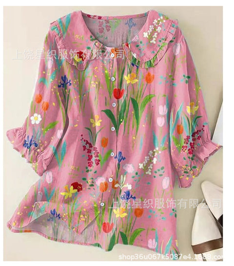 Linglong hemp 3D digital printing abstract, women's long-sleeved buckle lapel shirt m303181
