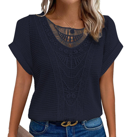 Lace splicing short-sleeved t-shirt spot cross-border women's clothing m301776