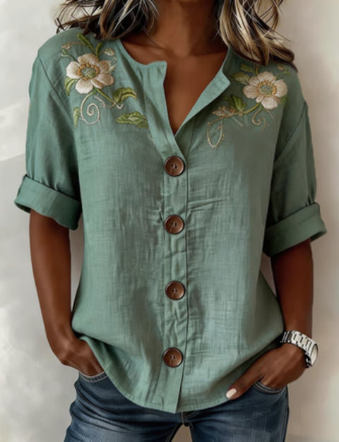 V-Neck Shirt Medium Sleeve Flower Print Button Casual Ladies Shirt m302697