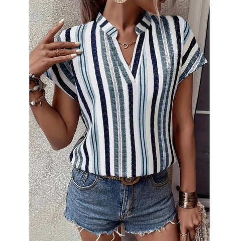 Striped print V-neck bat sleeve shirt T-shirt m302617