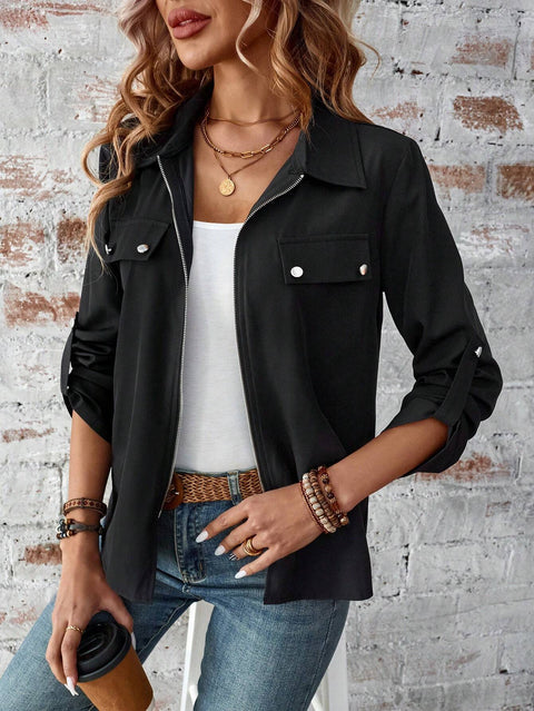 lapel zipper cardigan purse hat solid color long sleeve jacket m300675