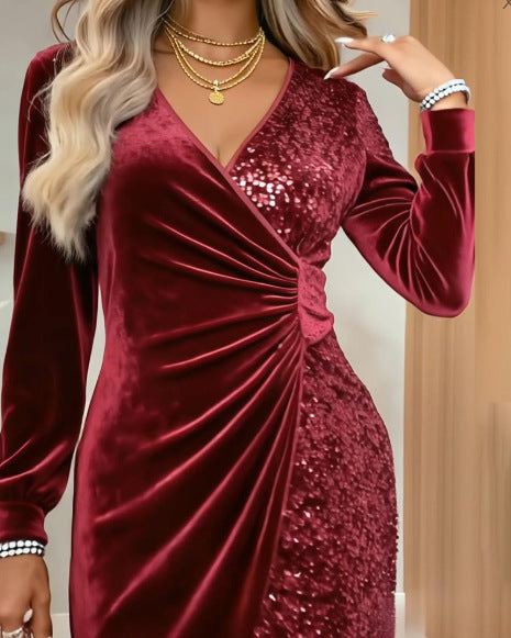 New sexy fashion V-neck sequined velvet slim dress m302283