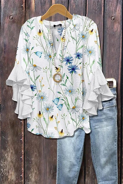 Digital printing casual trend V-neck lotus edge T-shirt women's m302725-2