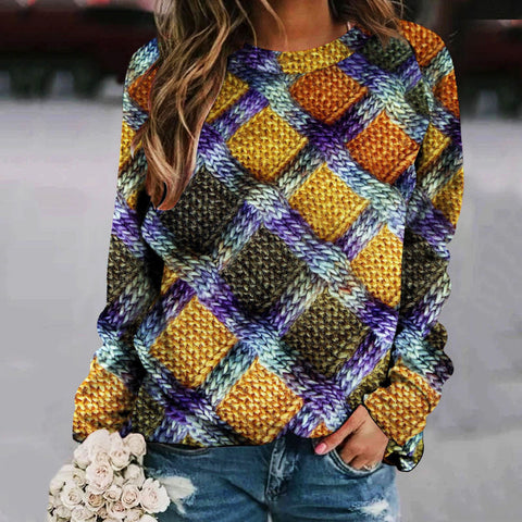 Printed Splicing Crew Neck Shoulder Sleeve Women's Sweater m302176