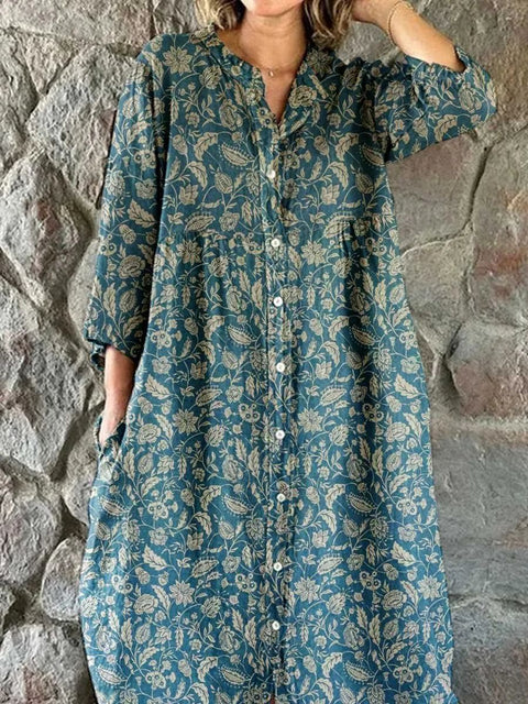 Women's Loose Crew Neck Fashion Premium Long Sleeve Printed Shirt Dress m301050