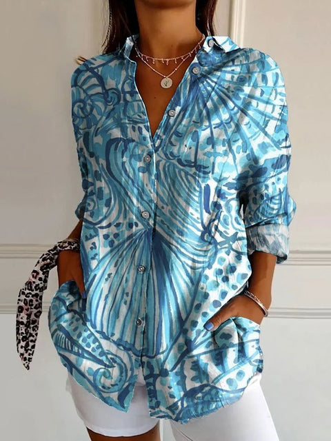 Linglong hemp long shirt women's long-sleeved shirt printing pattern m303195