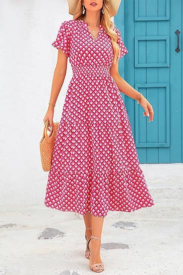V-neck bubble pleated printed short sleeved dress m300104