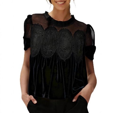 Mesh embroidered lace round neck pullover solid color velvet loose top m302350