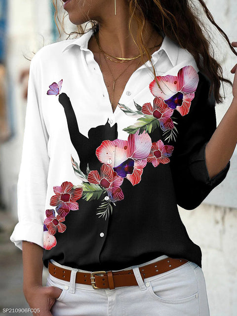 Digital Print Long Sleeve Shirt Urban Lady Print Top M302358