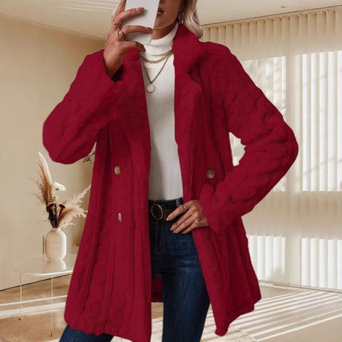 Women's plush jacket comfortable casual thermal suit collar double-breasted medium and long coat m302210